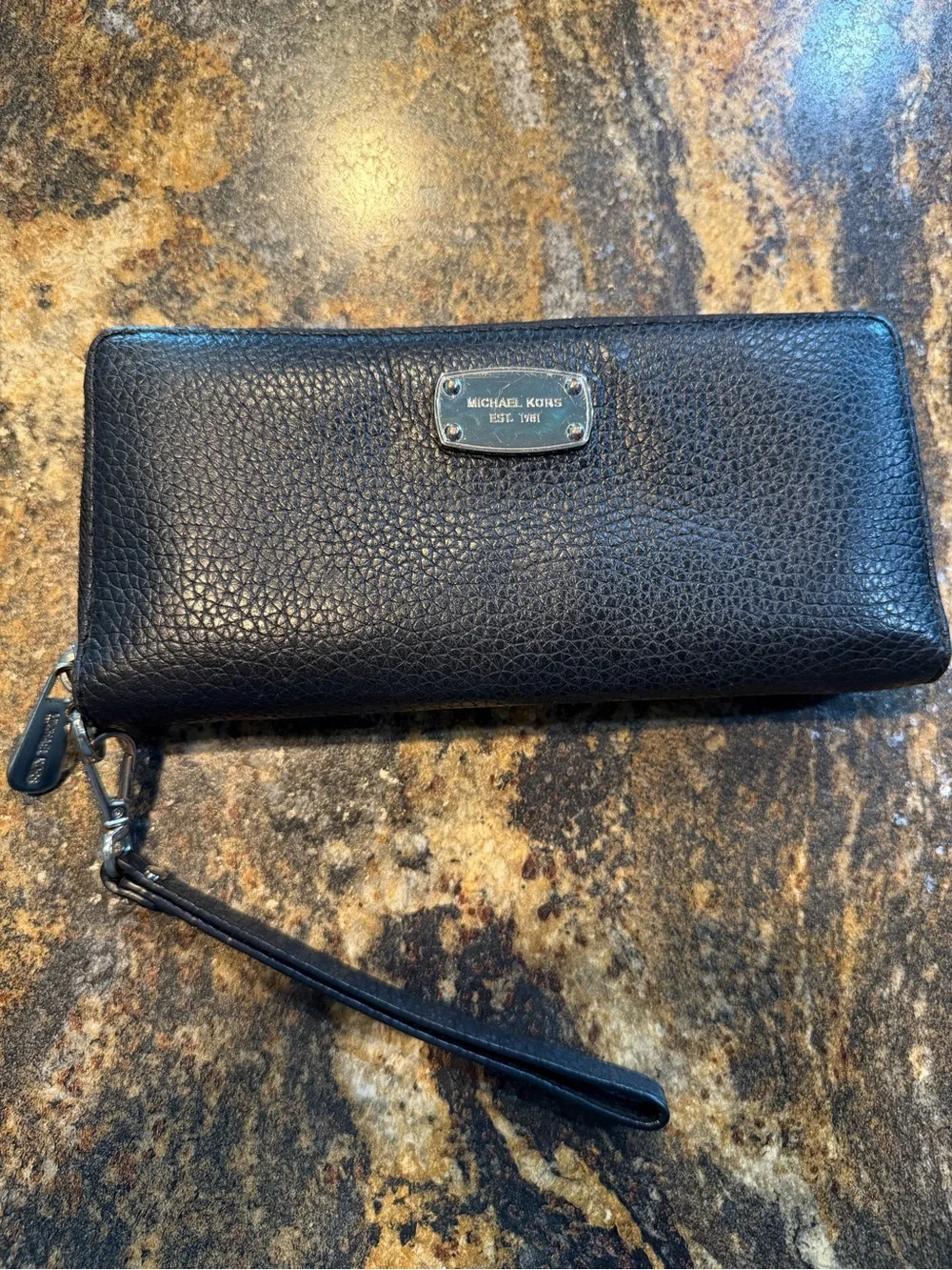 Michael Kors Black Pebbled Leather Wristlet Wallet with Silver Plate
